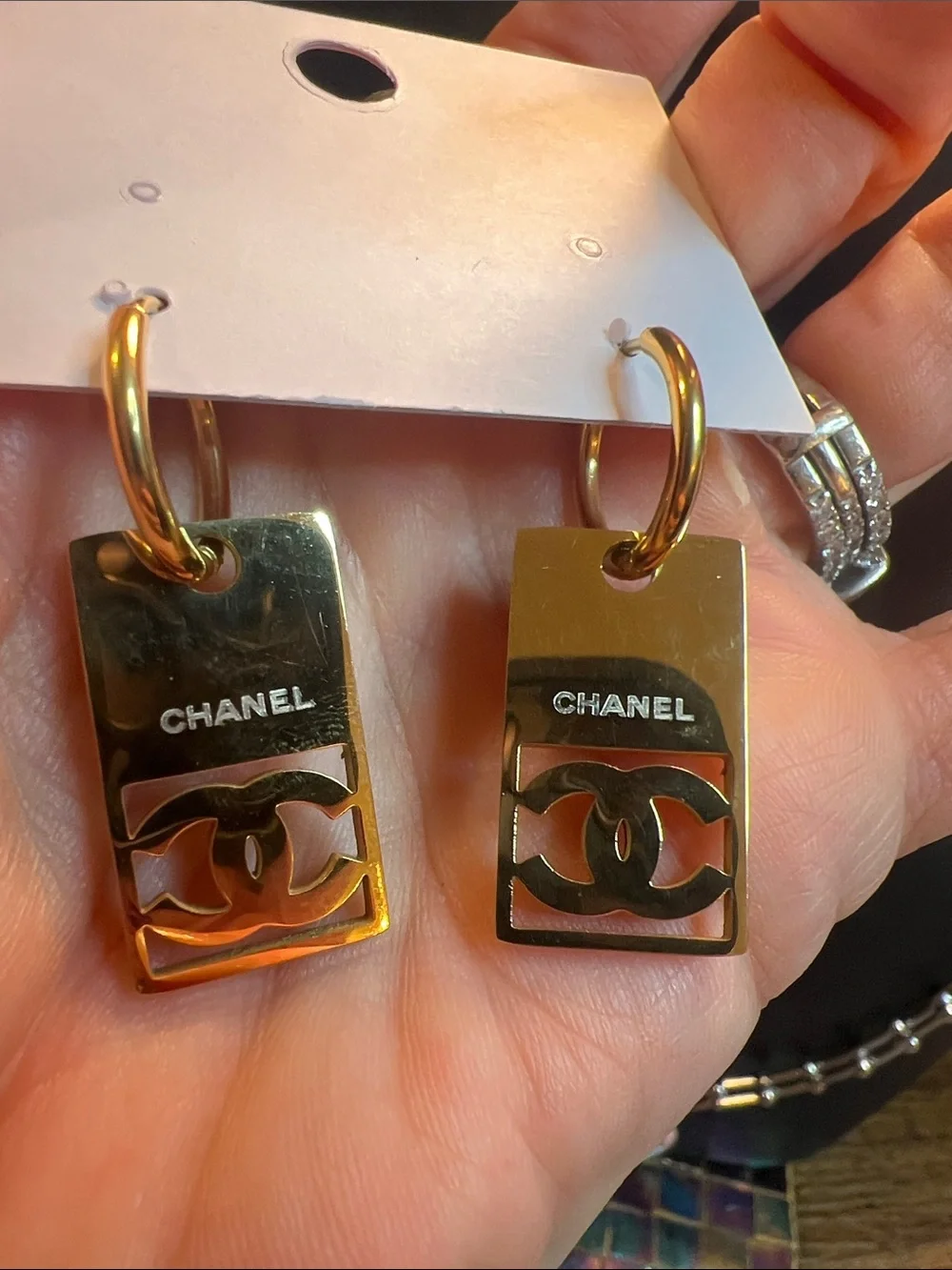 Gold-Tone Pink Logo Rectangular Drop Earrings